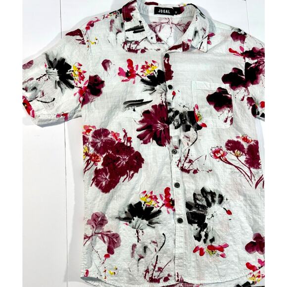 Jogal Mens Button Down Short Sleeve Hawaiian Floral Print Linen Style Medium - Picture 2 of 5